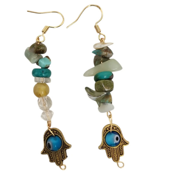 Hand Crafted Jewelry - 14k Gold HAMSA Hand Glass Eye Turquoise Dangle Earrings